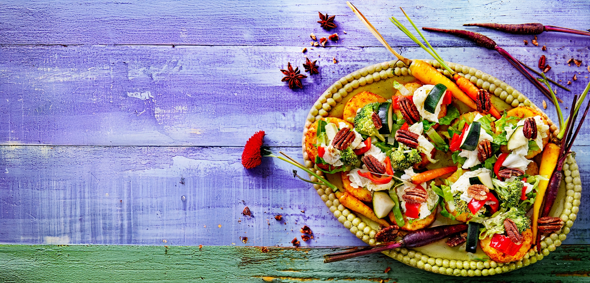 Wasabis röszti tallérok pácolt zöldségekkel és pekándióval